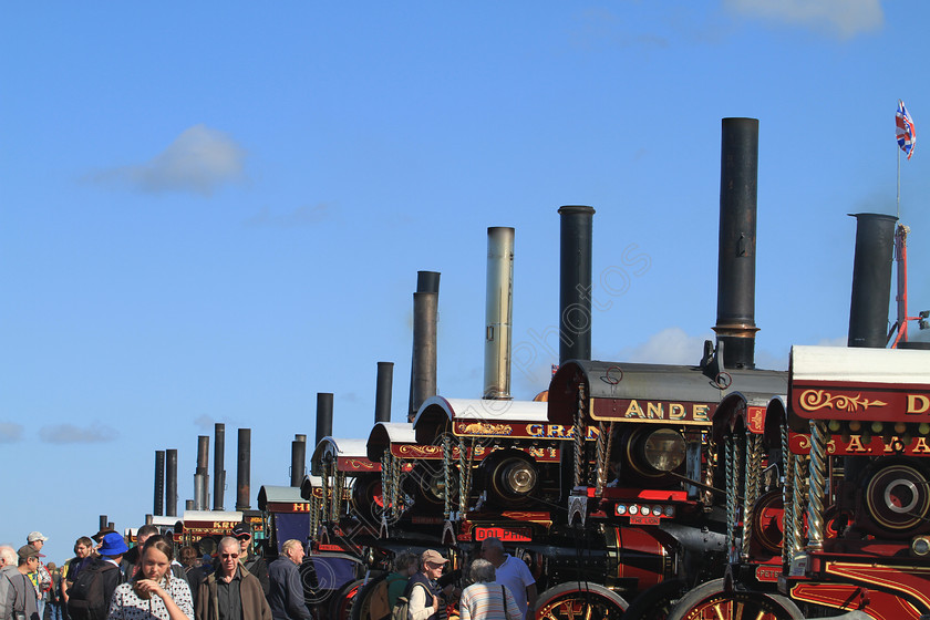 IMG 1191 
 Line of Showmans Engines at the Great Dorset Steam Fair. 
 Keywords: Line Showmans Engines Great Dorset Steam Fair GDSF Fairground Electricity Chimney Chimneys Canopy Canopies Smoke Generate Light Lighting Brass Red Black Whistle Governor Power Pull Haul Haulage