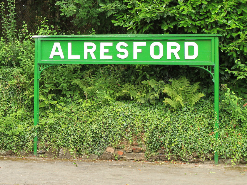 IMG 8338C 
 Alresford station sign on the Watercress Line, Mid Hants Railway. 
 Keywords: Sign Signage Alresford Station The Watercress Line Mid Hants Railway Green Platform