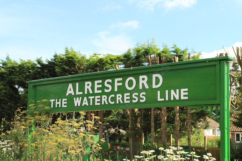 IMG 8378 
 Alresford Station sign, 'The Watercress Line' Mid Hants Railway. 
 Keywords: Sign Signage Alresford Station The Watercress Line Mid Hants Railway Green White Trains Transport
