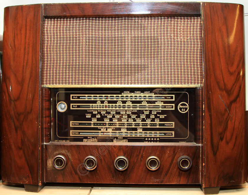 IMG 8451C 
 Decca 66 radio tuner. 
 Keywords: Decca 66 Radio Tuner Wood Wooden Cabinet Speaker Knobs Varnish Sound Reception Tuning VHF Short Medium Long Wave Valve Transistor