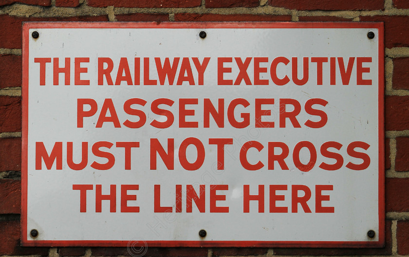 IMG 8208C 
 The Railway Executive, 'Passengers must not cross the line here' sign. 
 Keywords: Sign Signage Railway Executive Passengers Must Not Cross The Line Red White Track Trains Safety Signage