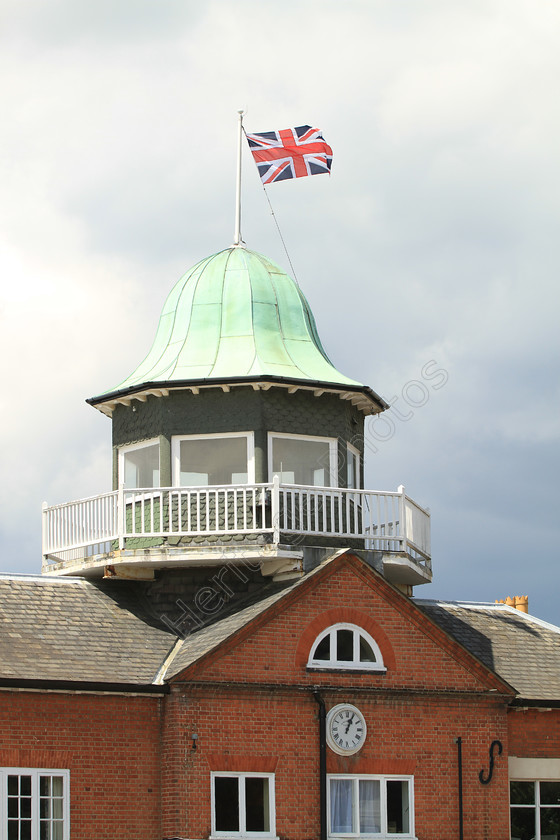 IMG 5073 
 Brooklands Museum Clubhouse. 
 Keywords: Brooklands Museum Clubhouse Race Track Racing Aviation Building Flag Union Jack Car Clock Dome Brick Red Green