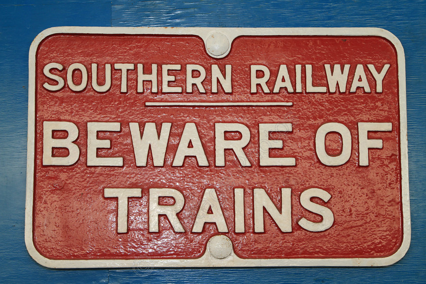 IMG 8608 
 Southern Railway, 'Beware Of Trains' sign. 
 Keywords: Southern Railway Beware Of Trains Sign Red White Signage Safety